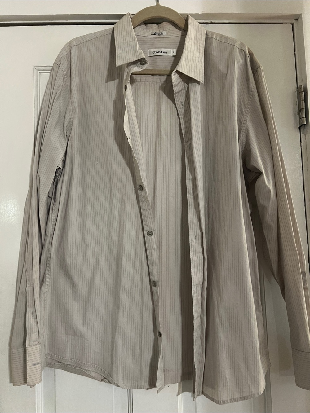 Calvin Klein Men's Cream Button-Up Shirt with Thin Taupe Pinstripes